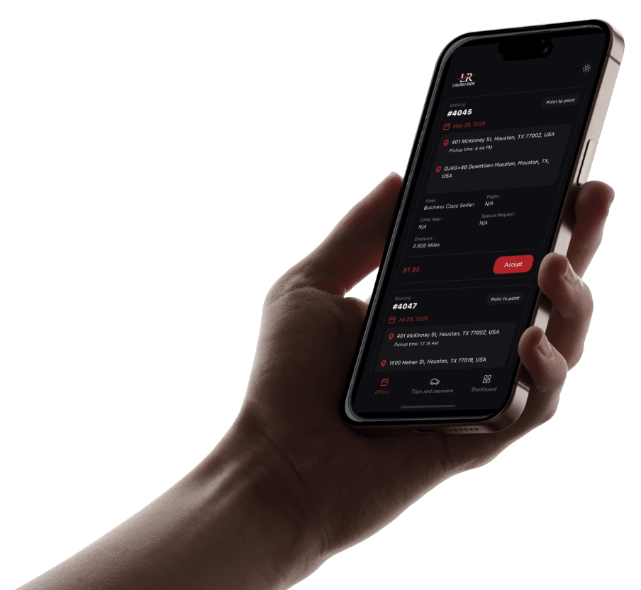 A chauffeur holding an iPhone showing trip offers in the Lavish Ride Chauffeurs app