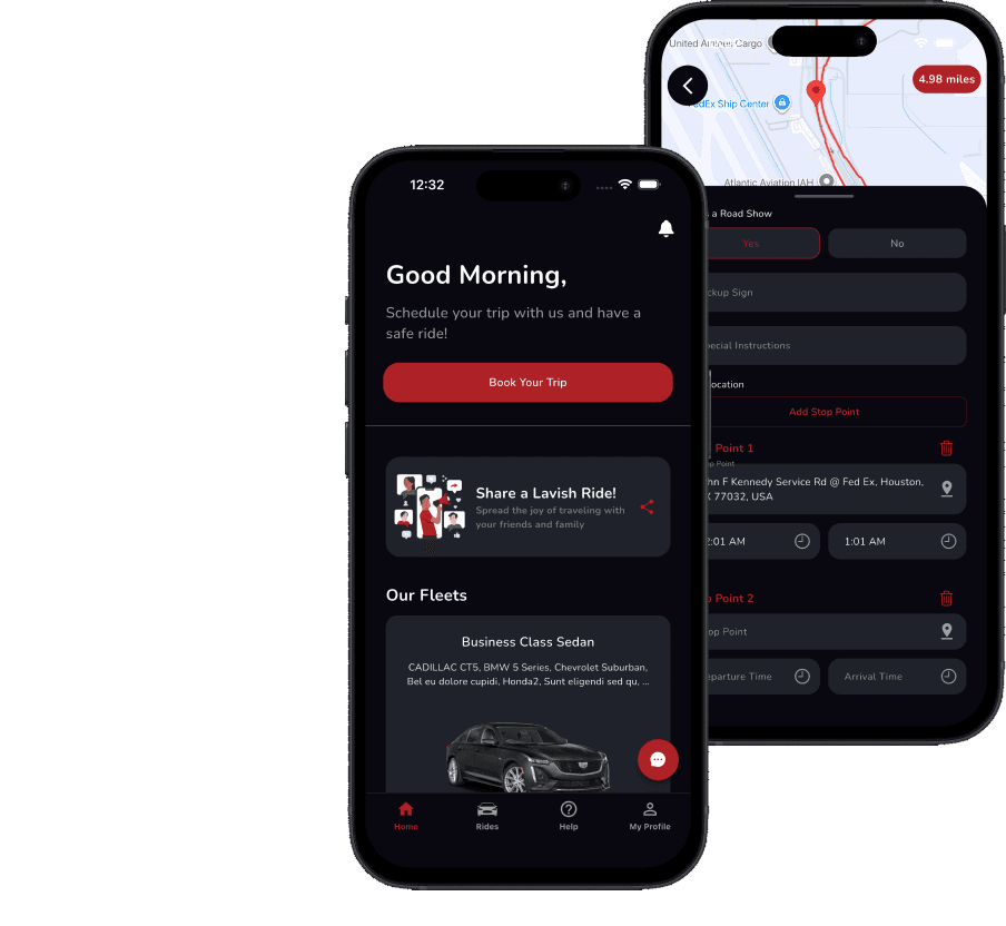 The Lavish Ride app's home screen and trip booking form on two iPhones