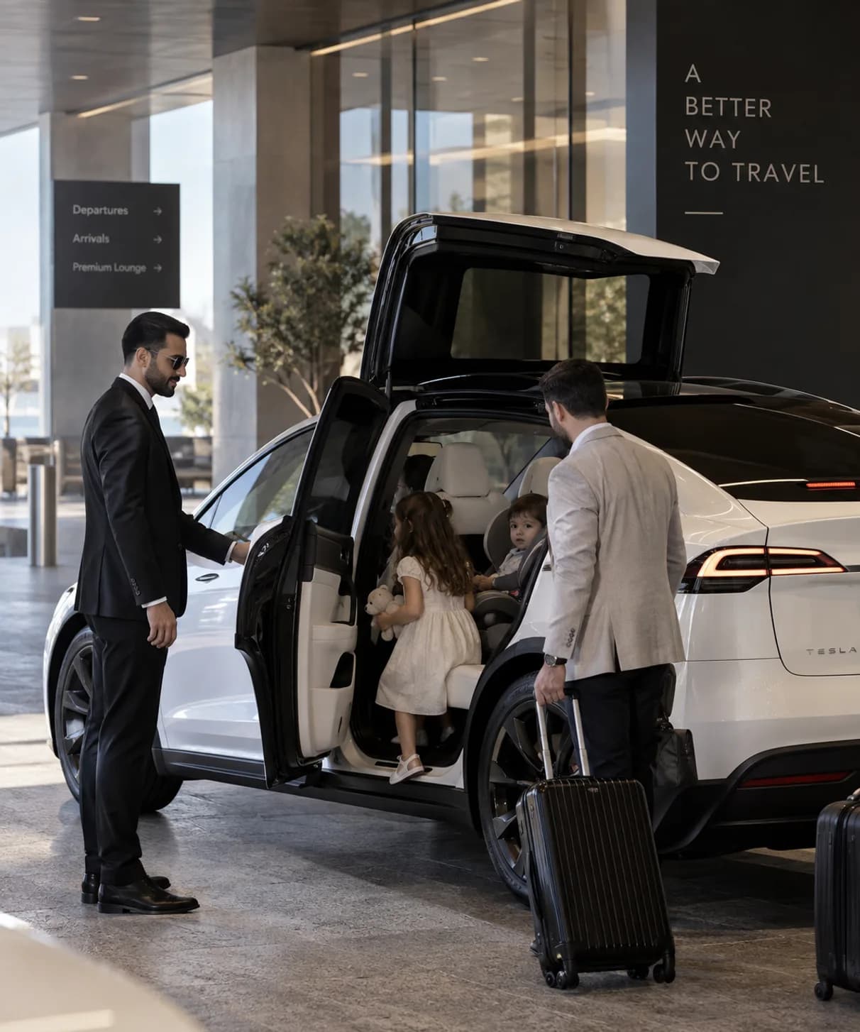 A chauffeur holding the door of a white SUV for a family at an airport terminal, beside the words A better way to travel